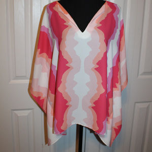 crosby. Wave-Print V-Neck Blouse in Pink, Coral & White
